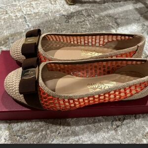 Salvatore Ferragamo Orange Mesh and Brown Bow Flats
